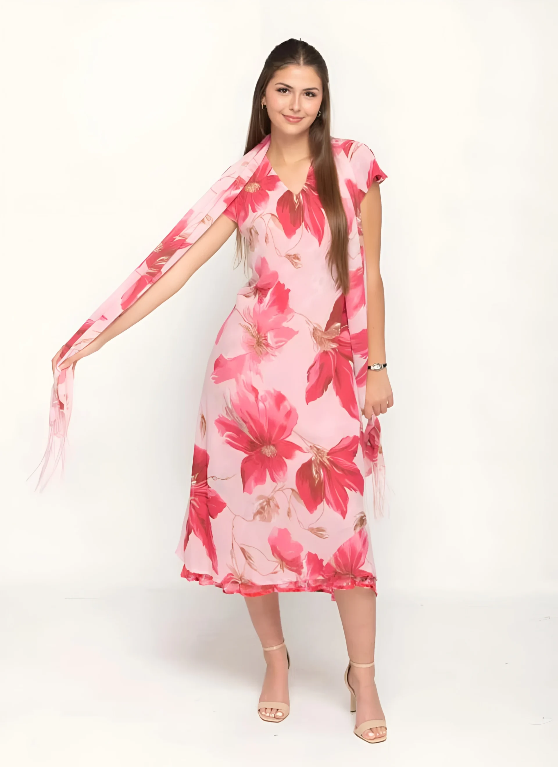 Cap Sleeve Pink Floral Printed Long Dress