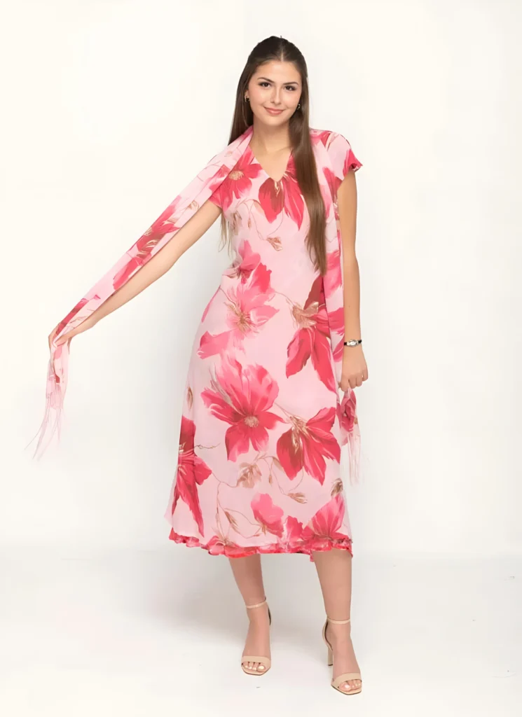 Cap Sleeve Pink Floral Printed Long Dress