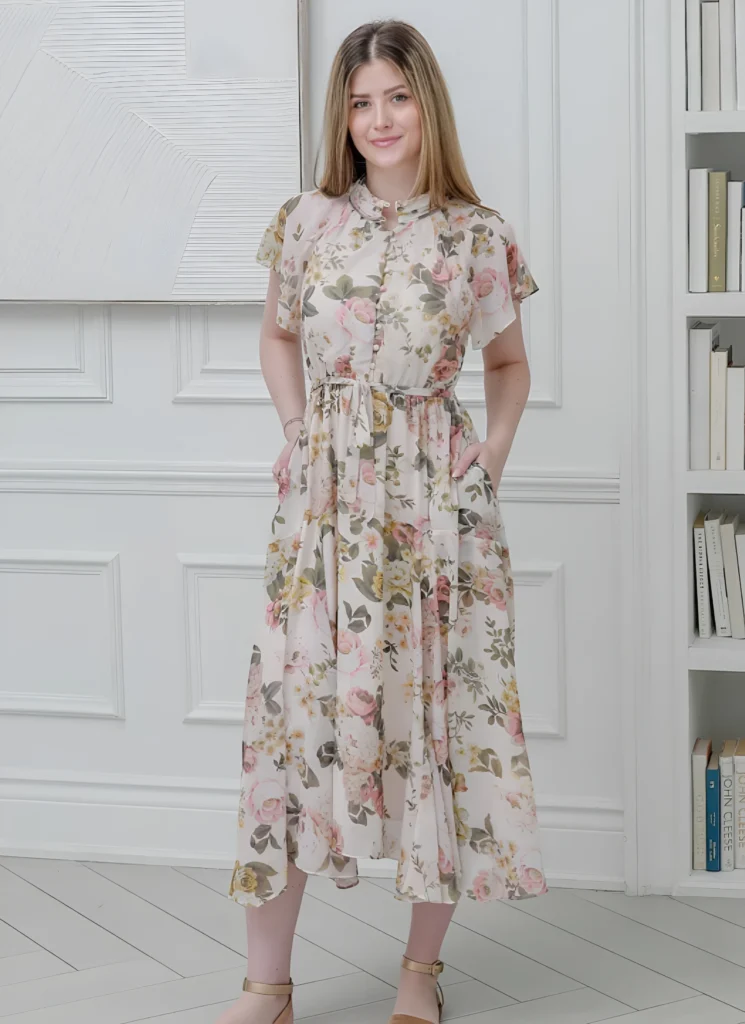 Flared Short Sleeves Apricot Floral Printed Dress