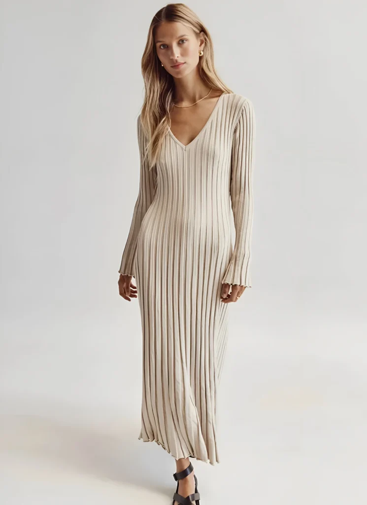 V-Neck Sleeved Knit Midi Dress
